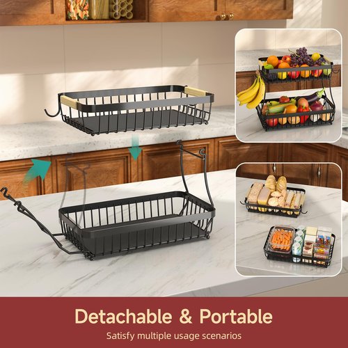 Sevenblue 2 Tier Large Fruit Basket for Kitchen Counter with 2 Mobile Banana Hangers, 2026 Pro Detachable Metal Fruit Bowl with Wooden Handle (Silver, 3 Tier)