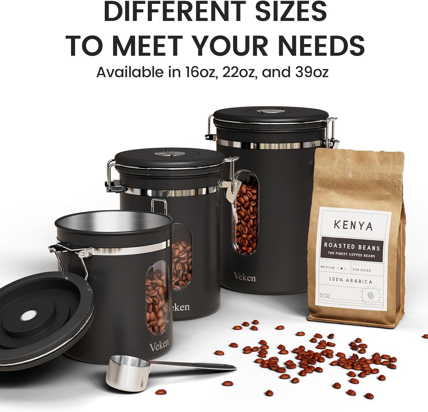 Veken Coffee Canister - Airtight Stainless Steel Storage Container with Window & Date Tracker | 16oz Black
