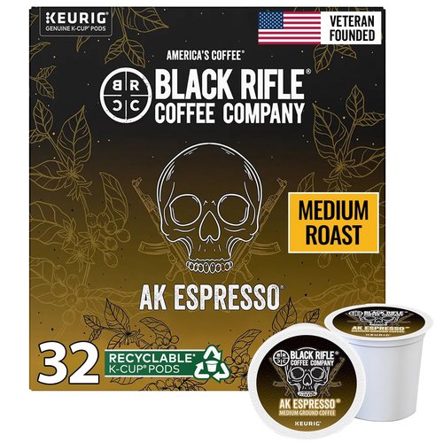 Black Rifle Coffee Company AK Espresso, 32 Count, Medium Roast K Cups - Single Serve K Cups Coffee Pods - Kcup Pods Compatible with Keurig 1.0 & 2.0 - Made from Arabica Beans