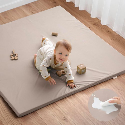 Blissful Diary Vegan Leather Baby Play Mat - 50x50 Waterproof Cushioned Foam Mat for Infants | Stylish Taupe Design