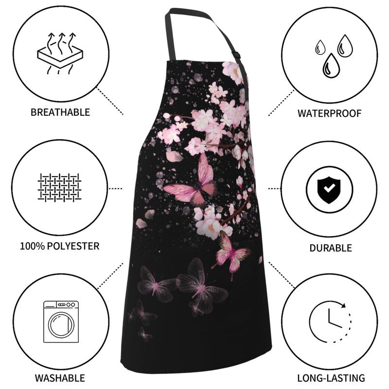 DZGlobal Cherry Blossom Apron with Pockets - Pink Flowers Black Cooking Aprons Adjustable Kitchen Bib for Men Women Chef Gardening Baking