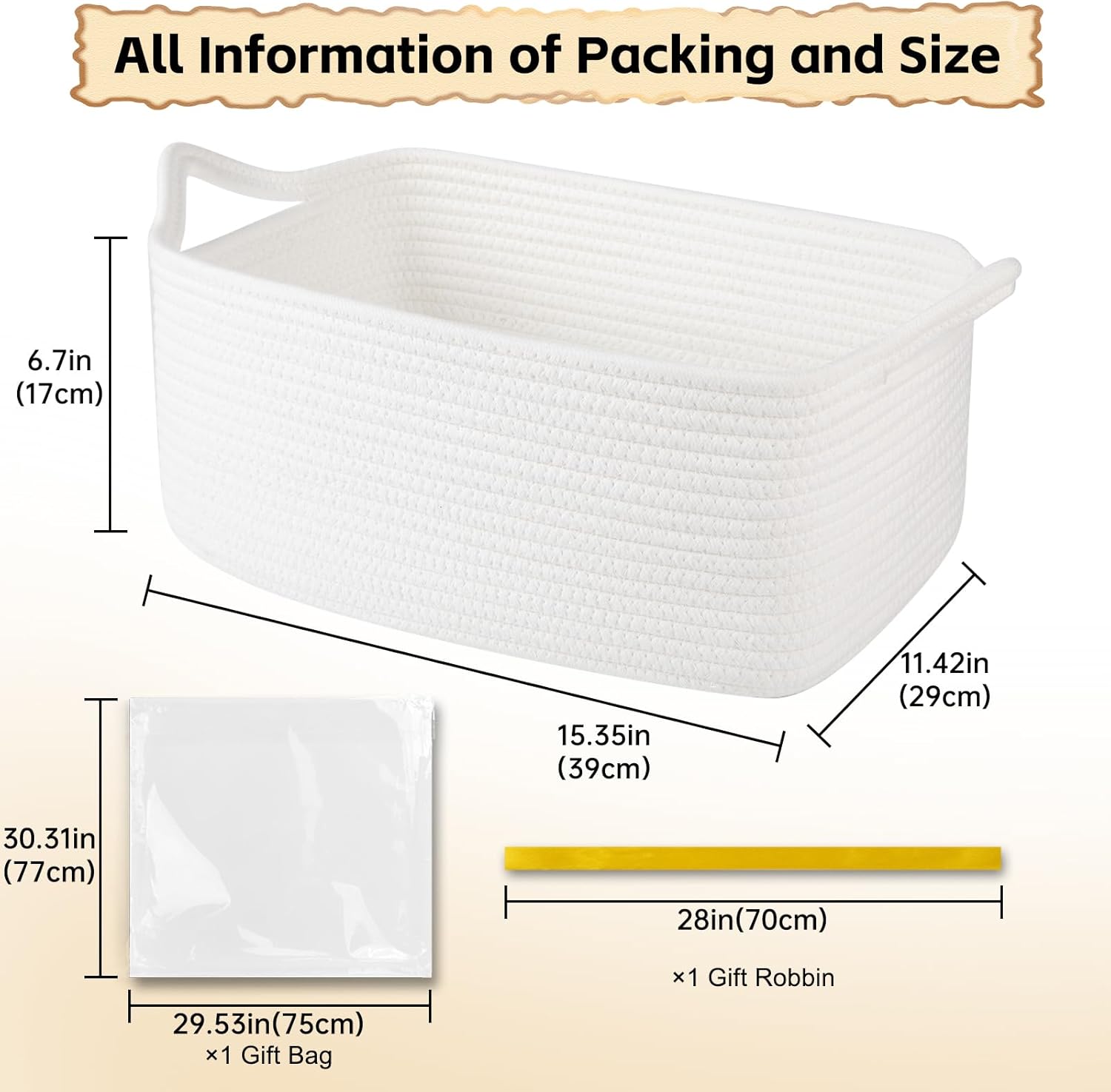 OIAHOMY Woven Storage Basket - 19L Gift Basket with Handles, Ideal for Baby Showers & Nursery - White
