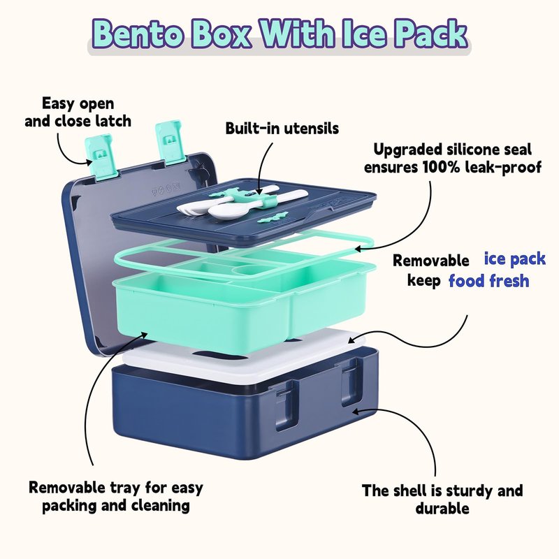rockpapa Chill Bento Box for Kids- Large 5.5 Cups Lunch Box with Ice Pack - 5 Compartments, BPA-Free, Leak Proof, with Utensils & Portable Handle, Microwave/Dishwasher Safe (Blue Dinosaur)