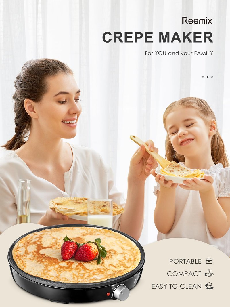 Crepe Maker Machine, Reemix Compact Pancake Griddle Precise Temperature Control, Nonstick 12” Electric Griddle, Batter Spreader for Eggs, Pancakes, Omelets and Quesadillas (Black)