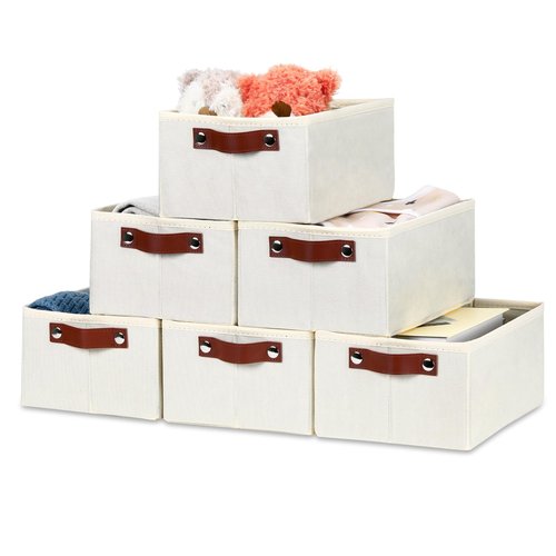 Bidtakay Collapsible Bins for Organizing - 6-Pack Hard Sided Closet Bins Cube Storage Baskets for Cabinet Pantry and Toy Organization - Ivory