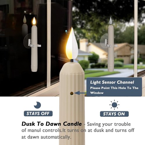 Homemory 6 Pcs Window Candles - Flameless LED Taper Candles with Dusk to Dawn Sensor | Ivory Striped Design
