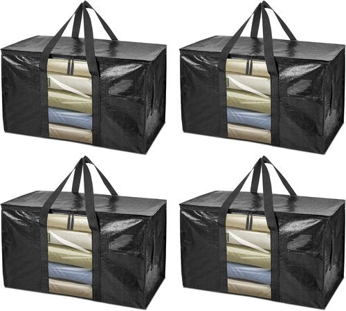 BALEINE 4-Pack Heavy-Duty Moving Bags - Oversized Storage Totes with Reinforced Handles | Black w/Window