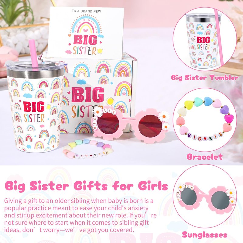 iAOVUEBY Big Sister Gifts for Girls, 3PCS Big Sister Gift Includes 12 oz Pink Tumbler Cup Sunglasses Bracelet Sibling Gift From New Baby, Big Sister Announcement Gifts for Girls Age 2-8