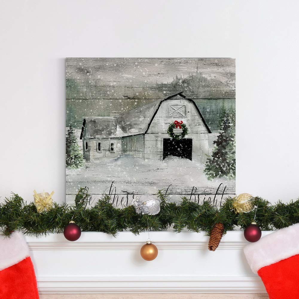 Renditions Gallery Be Merry and Bright Wall Art, Cute Christmas & Winter Artwork, Festive Barn, Faux Wood Look, Premium Gallery Wrapped Canvas Decor, Ready to Hang, 24 in H x 24 in W, Made in America