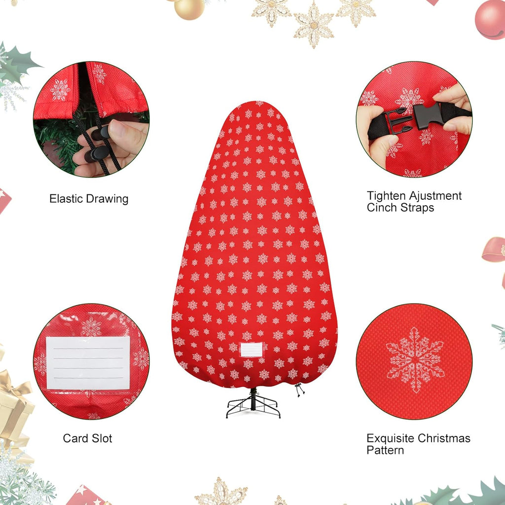 Skiennix Christmas Tree Cover - Durable Storage Bag with Zipper & Drawstring for Up to 6-Foot Tree | Dustproof Red with Snow Print