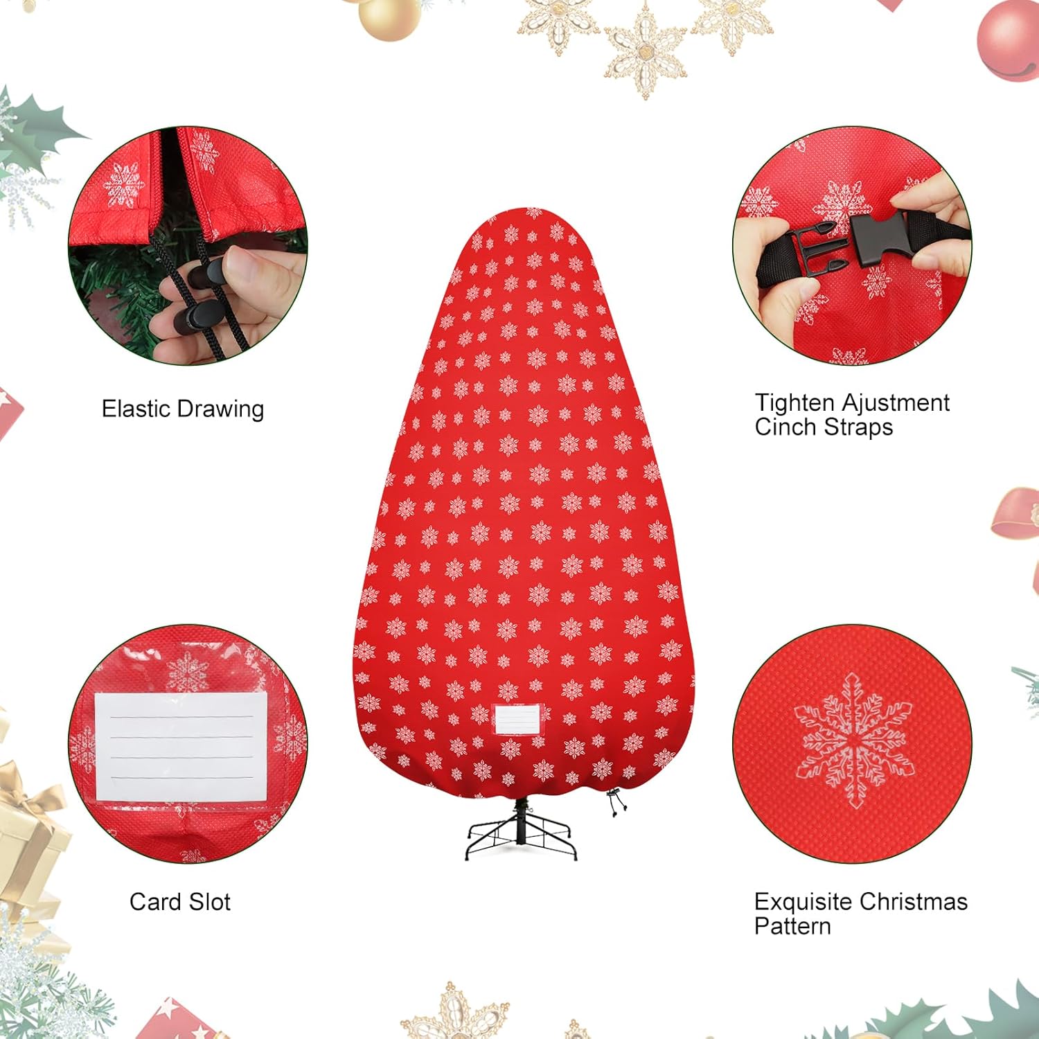 Skiennix Christmas Tree Cover - Durable Storage Bag with Zipper & Drawstring for Up to 6-Foot Tree | Dustproof Red with Snow Print