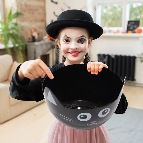 Zcaukya Halloween Party Supplies - Set of 3 Plastic Trick or Treat Candy Bowls, Cat Shaped Serving Bowls in Orange, Purple, Black for Parties