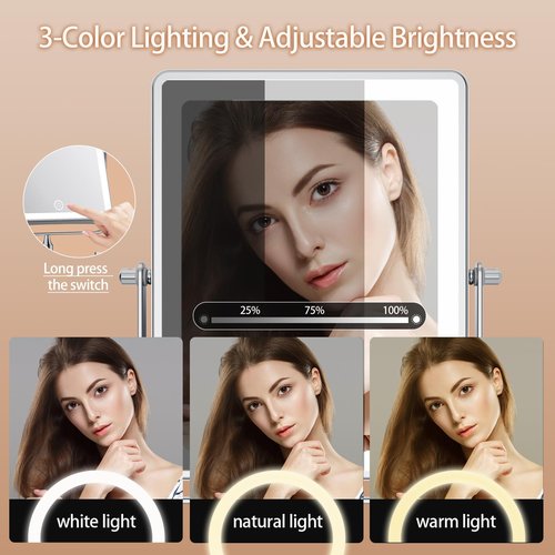 FASCINATE 5000mAh Rechargeable Wall Mounted Makeup Mirror, 8.7" Double Sided Touch Switch 1X/30X Rectangle Wall Mounted Magnifying Mirror with Light, 3 Color Setting, Extended Arm 360° Swivel Foldable