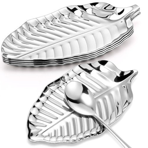 Chengu 4 Pack Leaf Spoon Rest for Stove Top 9.3 Inch Stainless Steel Utensil Holder Large Metal Jewelry Trinket Dish Tray Key Holder for Table, Kitchen Counter(Silver)
