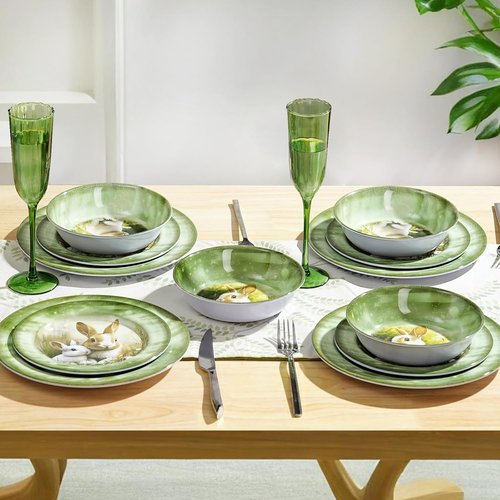 Green Bunny 12-Piece Melamine Dinnerware Set - Lightweight Shatterproof Plates & Bowls for 4, Ideal for Picnics & Outdoor Parties