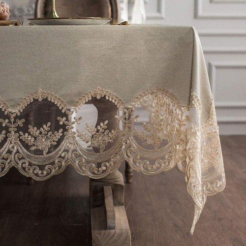 ARTABLE Vinyl Tablecloth Rectangle Waterproof Lace Table Cover with Exquisite Macrame Border for Wedding Kitchen Holidays Party Decor (Champagne, 60 x 84 Inch)