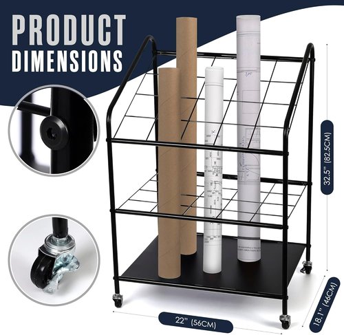 Houseables Blueprint Holder - 20 Slot Architect Storage Cart on Wheels | Durable Print Organizer