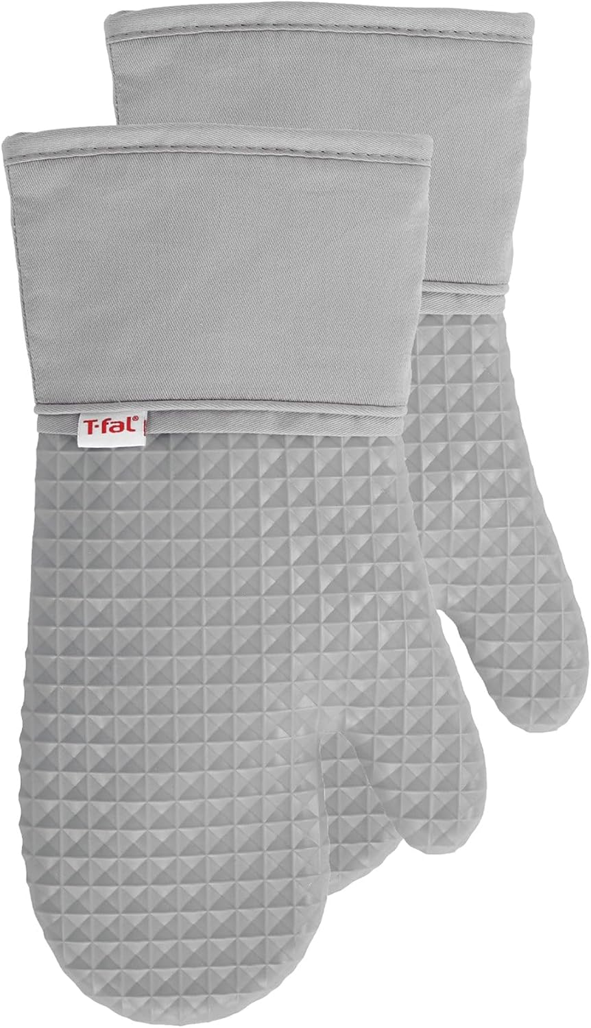 T-fal Silicone Oven Mitt Set - Softflex Non-Slip Grip, Heat Resistant | 13 x 7 Inches, Gray, 2 Pack