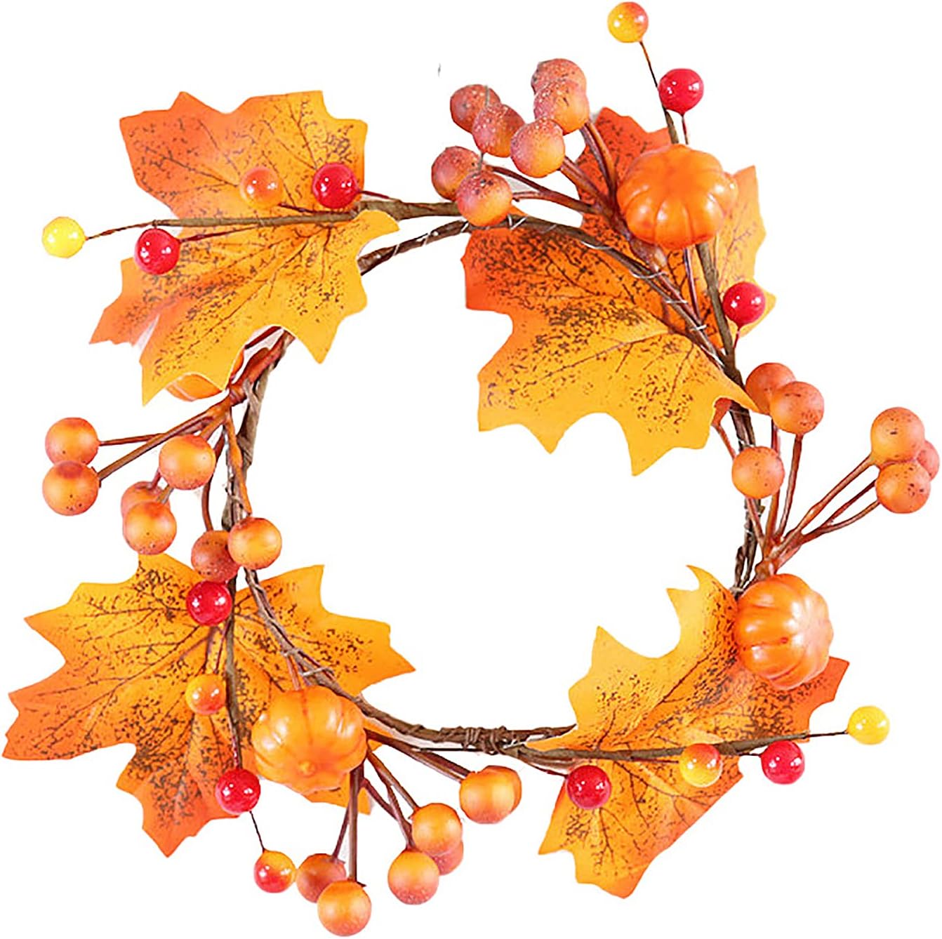 Skiennix 6-Piece Fall Candle Ring Wreaths - 4.7 Inch Pumpkin Maple Leaf & Berries Decor | Orange