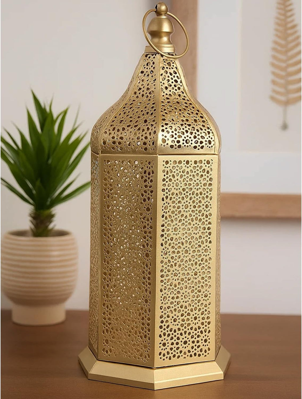 VELA Lanterns 16" Champagne Gold Moroccan Candle Lantern - Decorative Metal Hexagon for Table or Hanging | Perfect for Ramadan, Weddings, Indoor & Patio Lighting