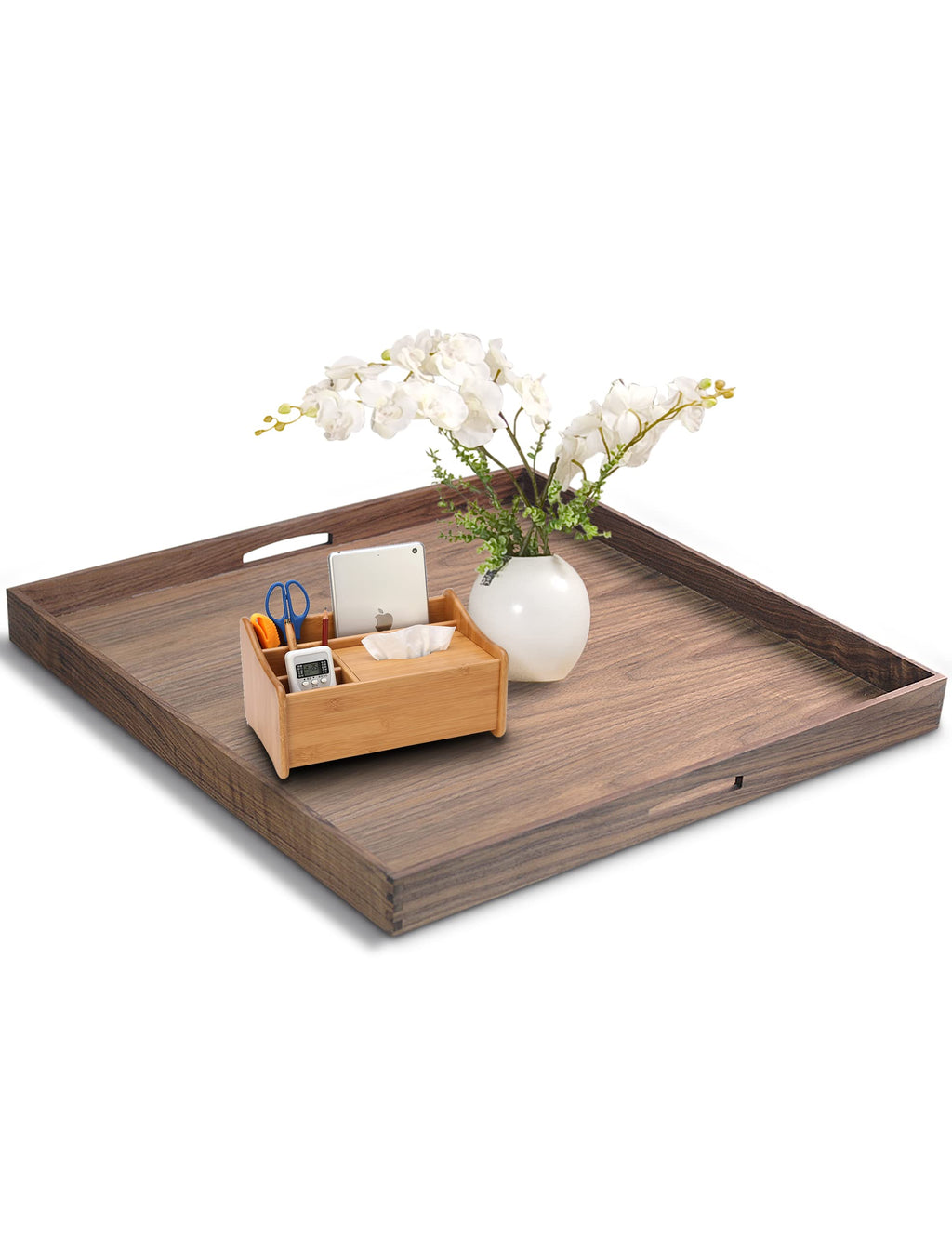 EXISTING 23x23 Inch Tray for Ottoman, Large Serving Tray with Handles,Brown Square Walnut Platter Decorative Wooden Tray for Breakfast in Bed,Living Room,Coffee Table,Party Serving