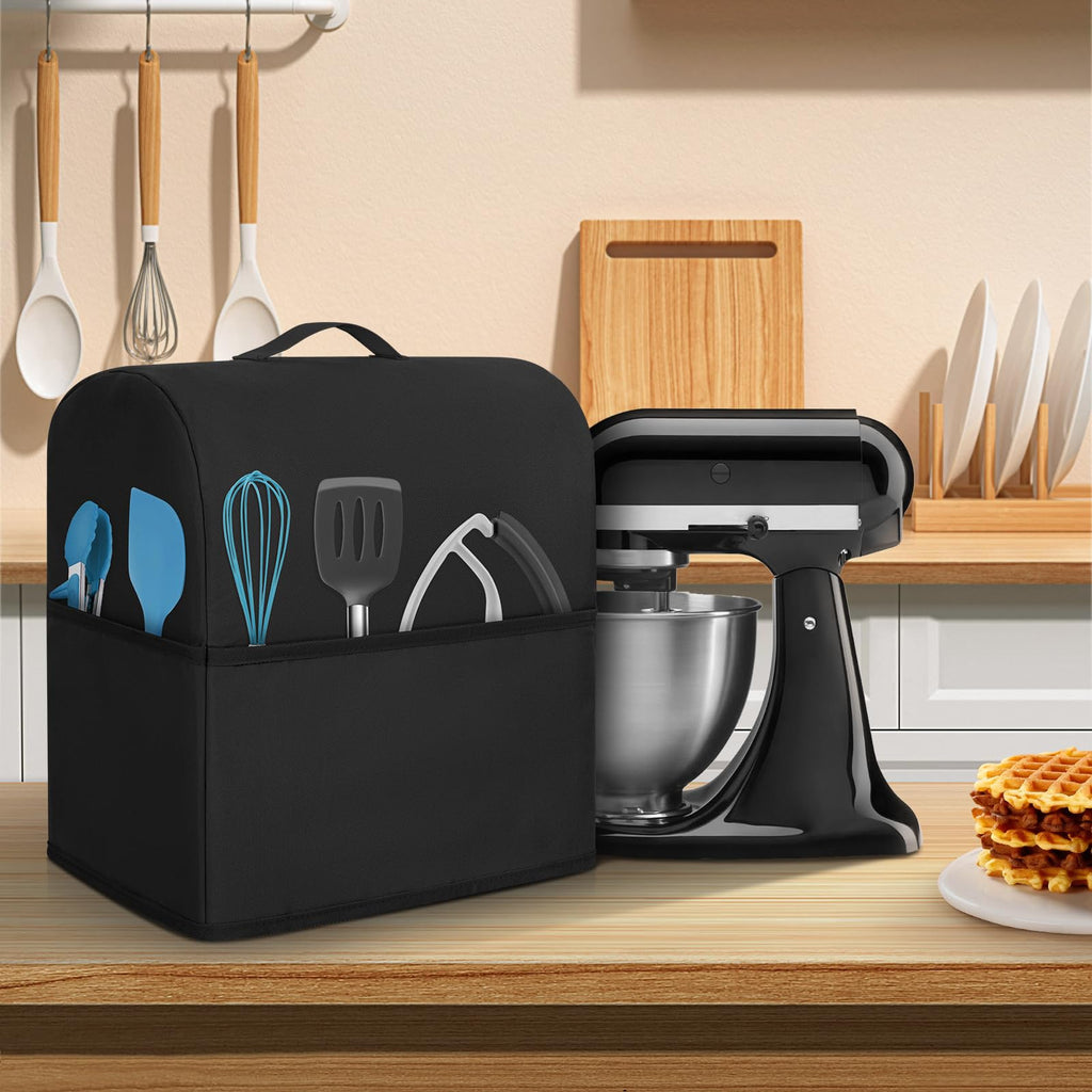 Stand Mixer Dust Cover Compatible with 3 Pockets and Handle with Kitchenaid Fits for 4.5/5 Quart Water-resistant Kitchen Aid Mixer Cover Black