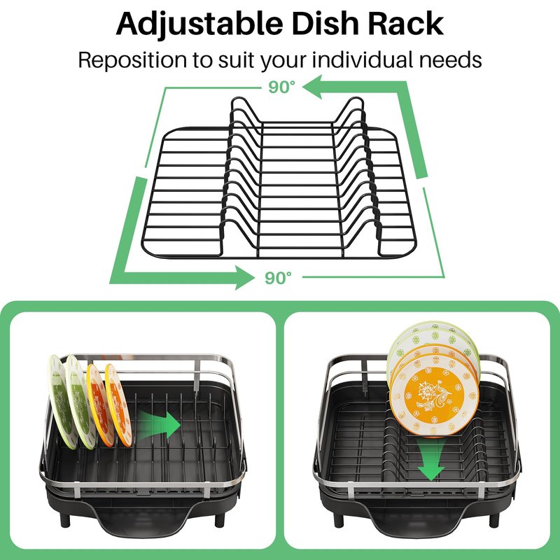 SAYZH Dish Drying Rack - Expandable Dish Rack for Kitchen Counter, Rust-Resistant Dish Drainer with Utensil Holder and Raised Guardrail, Kitchen Organizer for Cup and Bottle (Black)