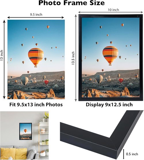 JCJMY Picture Frame - 9.5x13 Black Wall Mount for Horizontal or Vertical Display | Shatter-Resistant Plexiglass