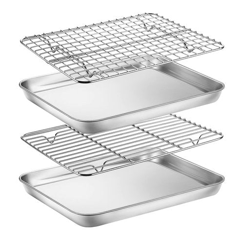 Baking Sheet with Rack Set, Yododo Set of 4 (2 Sheets + 2 Racks), Stainless Steel Cookie Sheet Baking Pan Tray with Cooling Rack, Non Toxic & Heavy Duty & Easy Clean - Size of 10 inch