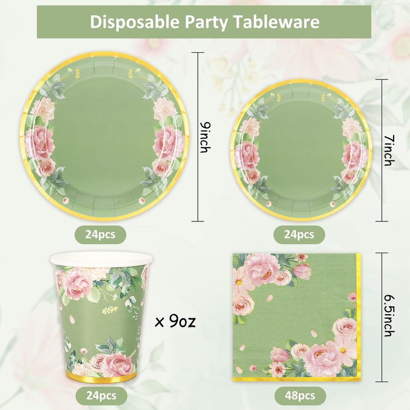 Whaline 120 Pcs Sage Green Flower Tea Party Decorations for 24 Guests 24 9" Dinner Plates 24 7" Dessert Plate 24 9oz Cups 48 Luncheon Napkins for Spring Bridal Shower Wedding Party Supplies