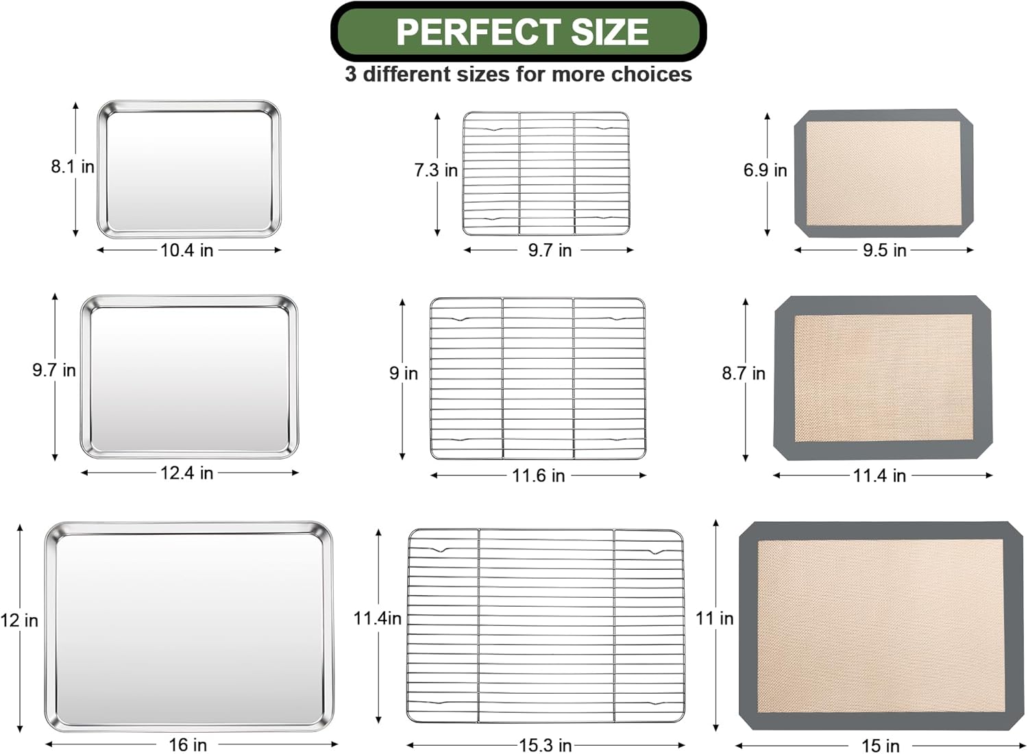 Stainless Steel Baking Sheet Set by [Brand Name] - Heavy Duty Cookie Pan with Cooling Racks & Silicone Mats - Set of 9 (3 Sheets, 3 Racks, Grey)