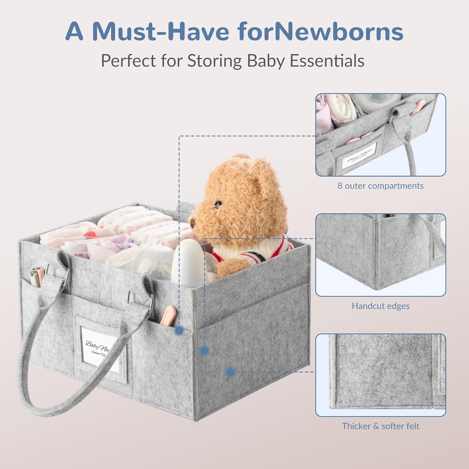 Skiennix Diaper Caddy Organizer - Collapsible Baby Basket with Handle & Photo Frame | Grey, 11.8 x 6.3 x 9.0 Inch