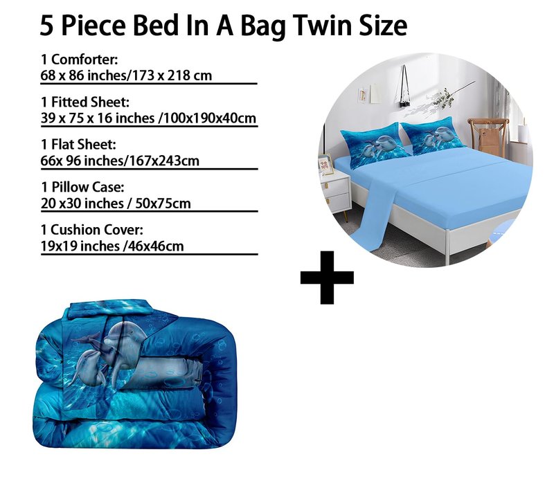 Dolphin comforter set Twin Size Bed in a Bag Cute Dolphin Jumping Blue Ocean Themed Bedding Set for Boys Girls Room Decor with Comforter,Pillow Shams,Flat Sheet,Fitted Sheet,Cushion Cover(Twin 5Pcs)