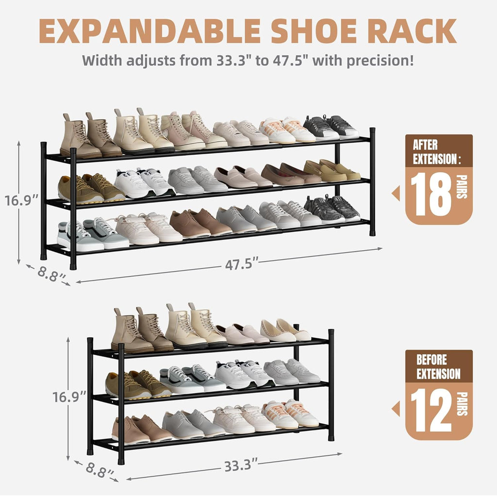 Storage Maniac Expandable Shoe Rack - Adjustable 3-Tier Metal Organizer for 18 Pairs | Ideal for Closet, Entryway, Garage