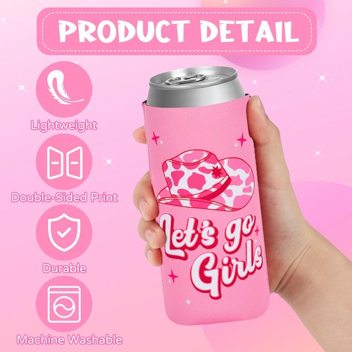 libfrnt 12 PCS Cowgirl Disco Can Cooler Bachelorette Cowgirl Can Sleeves Let's Go Girls Beer Beverage Drink Holder for Bridal Shower Birthday Cowgirl Party Supplies, Pink, White, Rose red