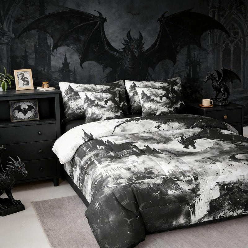 Erosebridal Gothic Dragon Bed in a Bag Queen Comforter Set 7 Piece,Black and White Vintage Fantasy Castle Bedding Sets Dark Sky Mythical Animal Sheet Set with Comforter