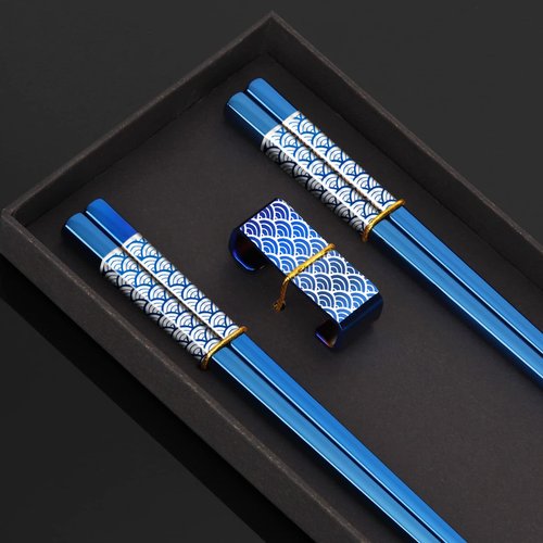 TiiCoo Reusable Titanium Plated Stainless Steel Chopsticks with Holder, Dishwasher Safe Lightweight Japanese Style Chopsticks Gift Set (Blue)