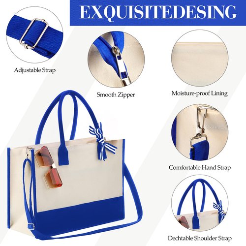 Aoriher 8 PCS Canvas Tote Bag with Shoulder Strap Zipper Opening Grocery Tote for Women Birthday Bridesmaid Gift Bag(Navy Blue)