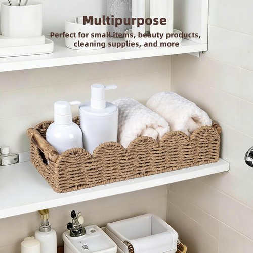 CubesLand Bathroom Basket Organizer - Scalloped Wicker Storage Tray with Cut-Out Handle | Neutral Color