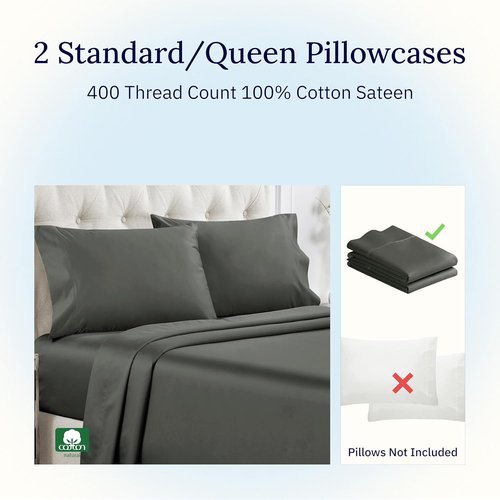 California Design Den Pillowcase Set - 400 Thread Count 100% Cotton Sateen, Soft & Breathable | Queen Size, Grey