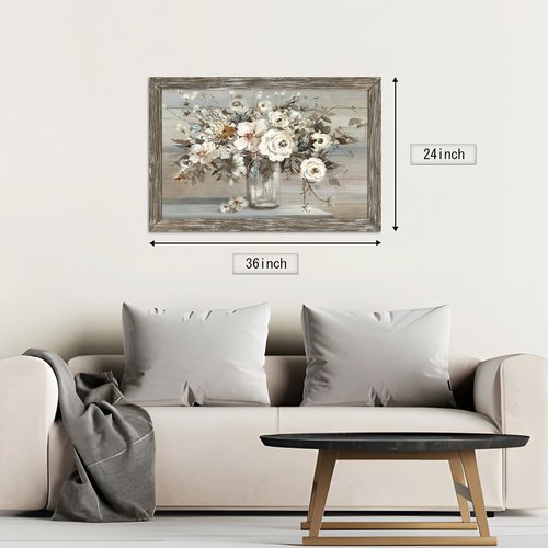 Rose Bouquet Framed Wall Art - Brown Rustic Flower Painting Abstract Floral in Vase Picture Botanical Prints Wooden Artwork for Bedroom Farmhouse