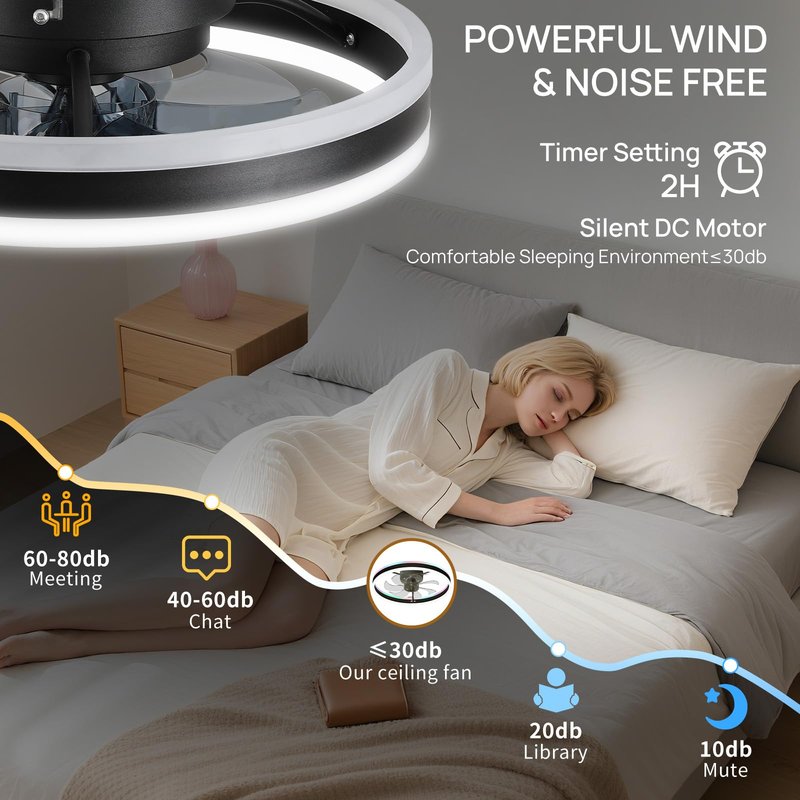 ORITHAM RGB Ceiling Fans with Lights, 16" Fandelier Low Profile Ceiling Fan with Light, Modern Flush Mount Ceiling Fan Light with Remote/APP Control, Bedroom Chandelier Fan Fixture for Indoor(Black)