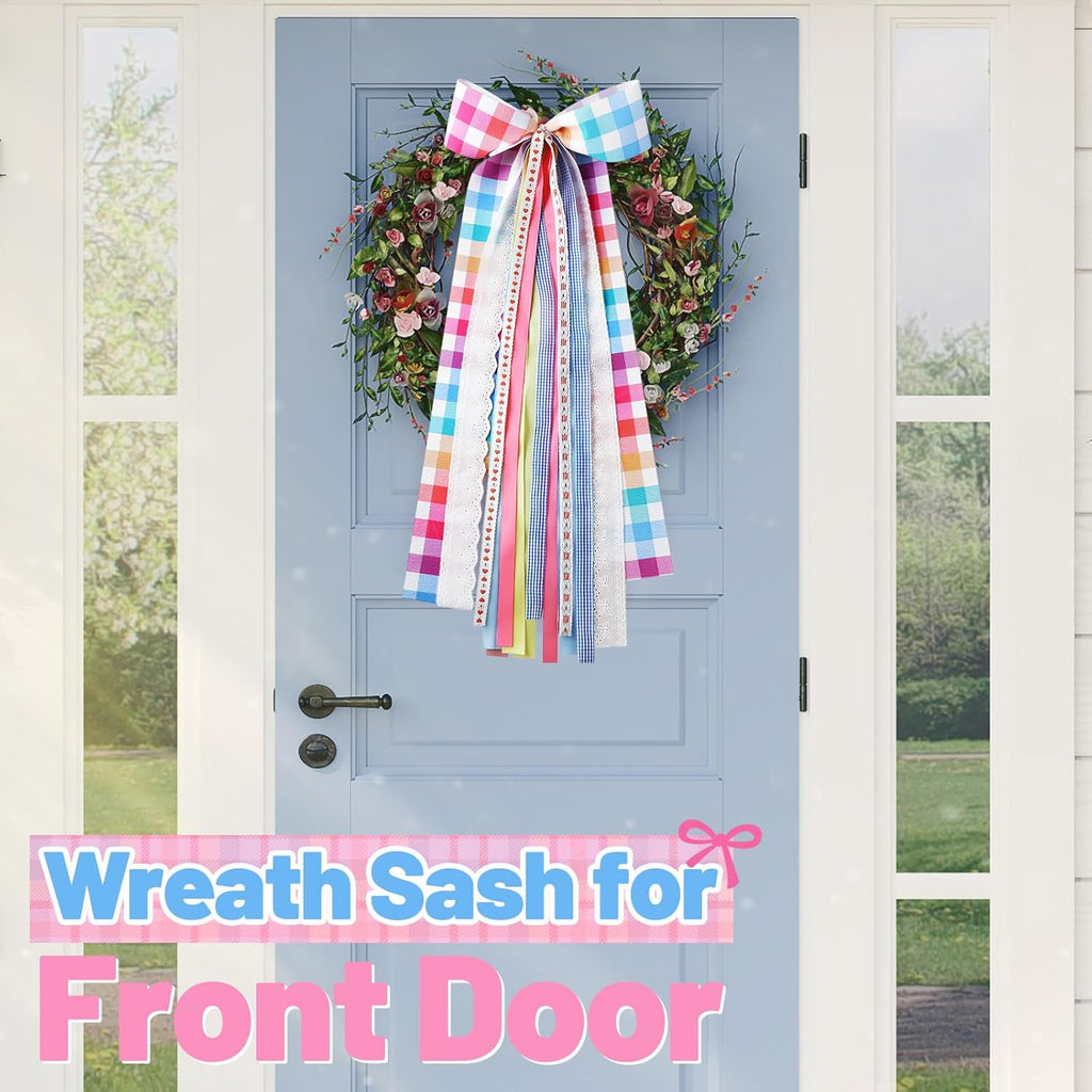 Riceshoot Large Spring Wreath Sash - Pink Plaid Bow & Clip for Front Door | 9.84'' x 23.62'' Easter Decor