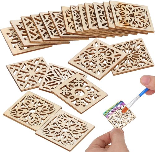 Abaodam Unfinished Wooden Craft Shapes - 20 Pcs Boho Flower Cutouts with Hemp Rope | 40mm