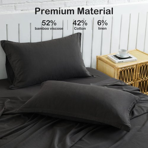 Charcoal Grey Linen-Textured Bed Sheets Set, Bamboo Rayon , Cotton , Linen Blend Bed Sheets Twin Size, Soft Cool & Breathable for Hot Sleepers,Durable Natural Organic Bed 15'' Deep Pocket - 3 Piece