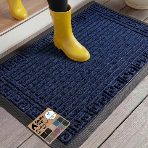 GORILLA GRIP Waterproof All-Season WeatherMAX Doormat - 35x23, Natural Rubber, Stain & Fade Resistant, Navy Greek Keys