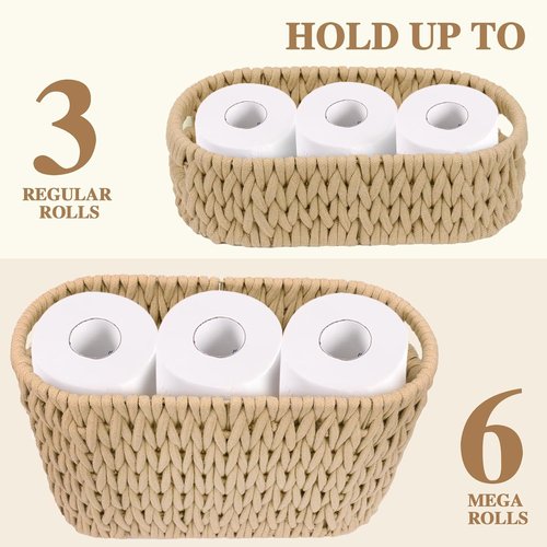 Boho Cotton Rope Woven Toilet Paper Storage Baskets - Set of 2 for 6 Mega Rolls | Brown Bathroom Organizer
