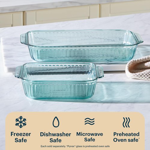 Pyrex Colors Tinted (2-Pack, Full Set) Tinted Glass Baking Dish with BPA-Free Lid, Oblong Bakeware Glass Pan For Casserole & Lasagna, Dishwasher, Freezer, Microwave and Pre-Heated Oven Safe, Aqua