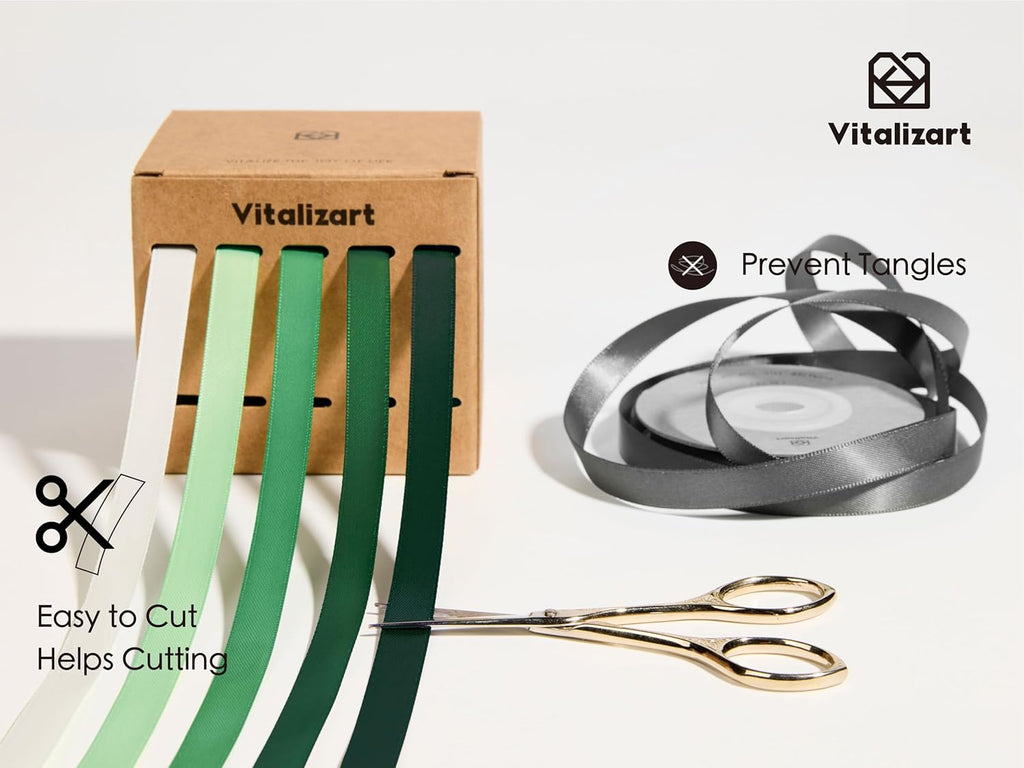 Vitalizart Satin Ribbon - Green & Cream Double-Faced 3/8" x 50 Yd for Gift Wrapping & Crafts