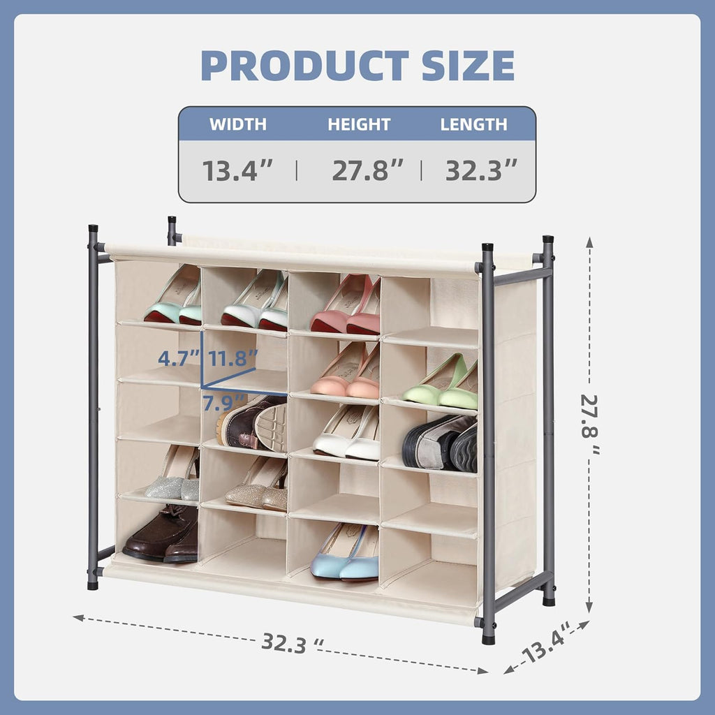 Storage Maniac Stackable Shoe Cubby Organizer - 20-Cube Free Standing Rack for Entryway & Bedroom | Beige